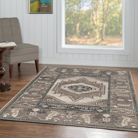 Linon Vintage Gray and Blue Aztec Area Rug, 5' x 7.6'