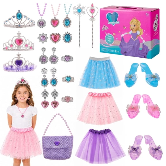 Princess Girls Dress Up Toys, 30 Pcs Toddler Dress up Costumes Set Including Skirts, Shoes, Jewelry, & Handbag, Pretend Play Birthday Gifts for Girls Age 3-6