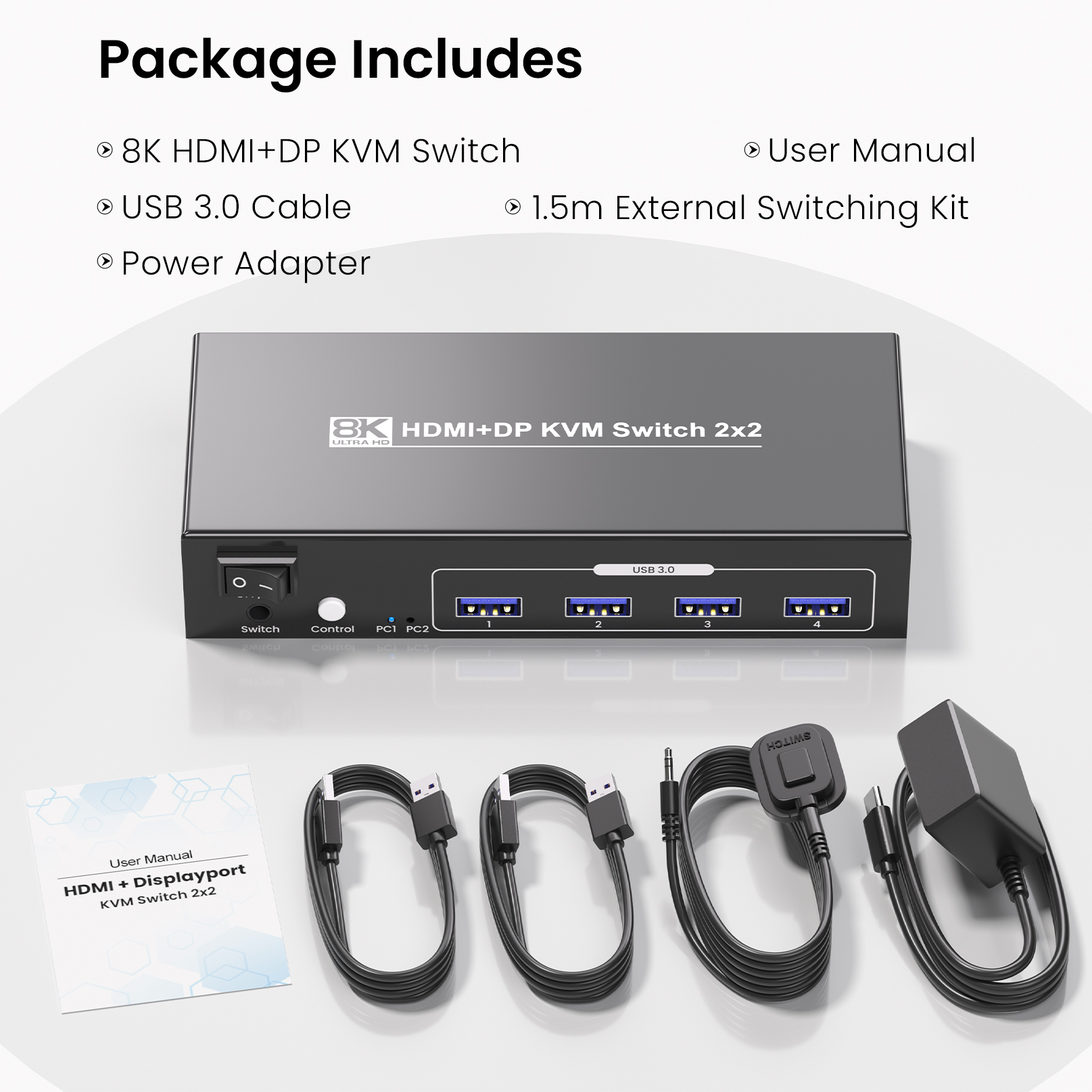 8K60Hz 4K120Hz HDMI DP KVM Switch 2 Monitors 2 Computers, Dual Monitor HDMI Displayport KVM Switch– USB 3.0, Two Switching Methods, 8K High-Resolution Support