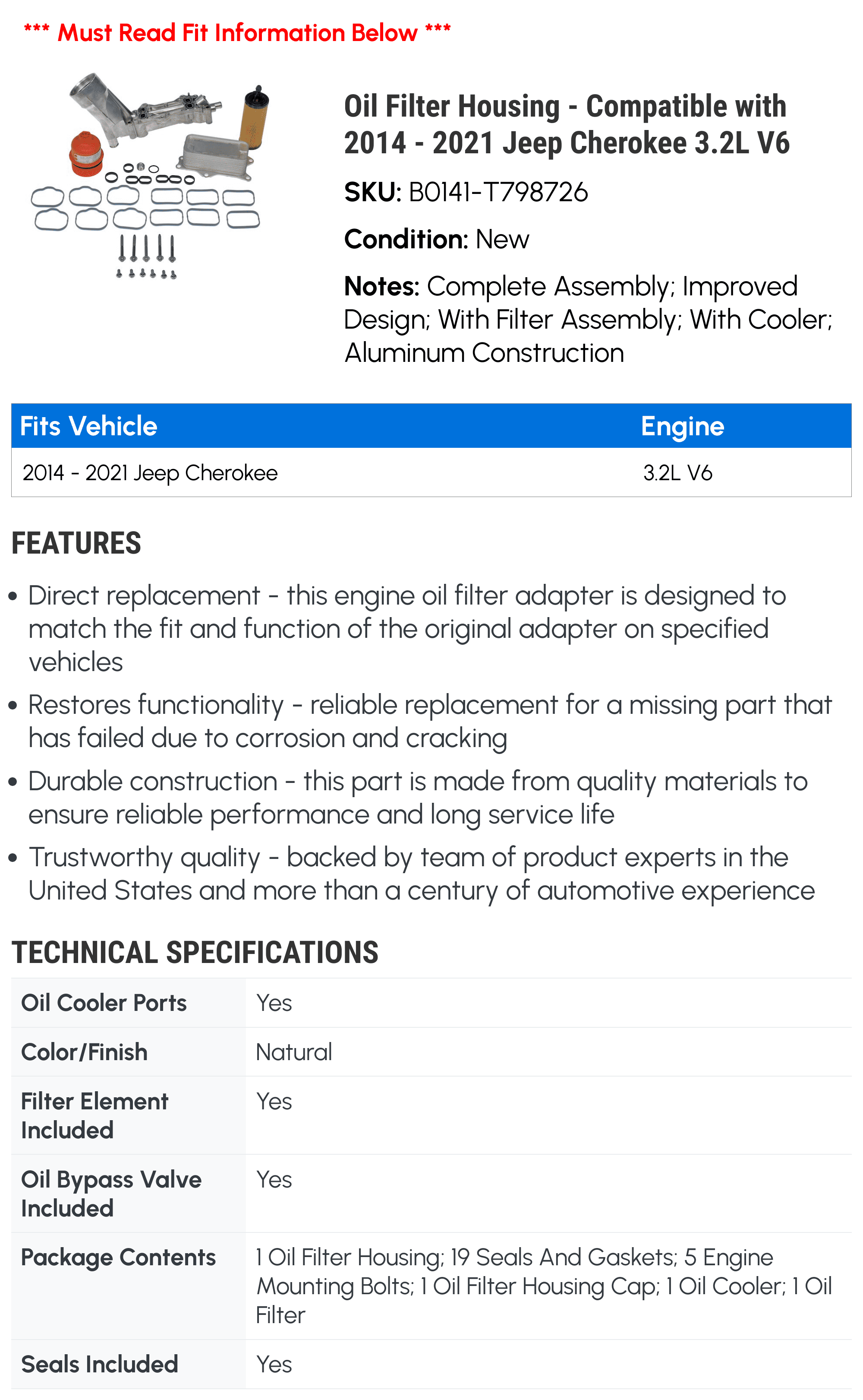 Oil Filter Housing - Compatible with 2014 - 2021 Jeep Cherokee 3.2L V6 - Dorman