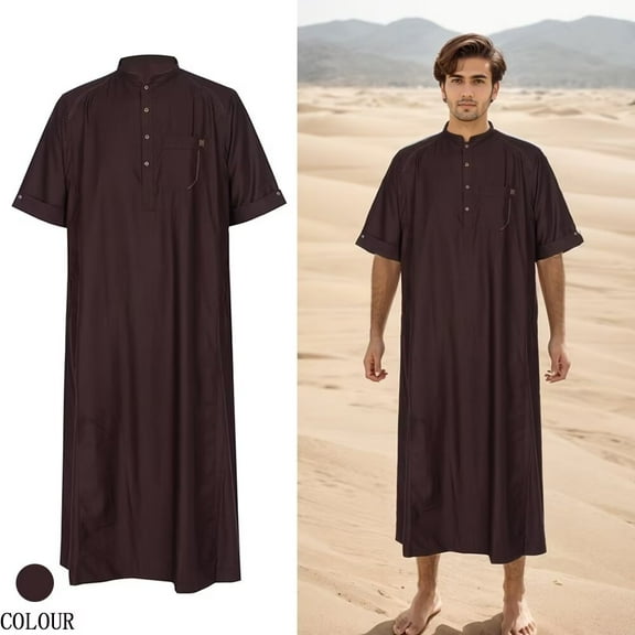 BAZINRICHE Men's Kaftan Robe Short Sleeve Thobe Saudi Arabic Thobe with Pockets for Men