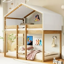Solid Pine Wood Twin Over Twin Bunk Bed with Tent|Natural