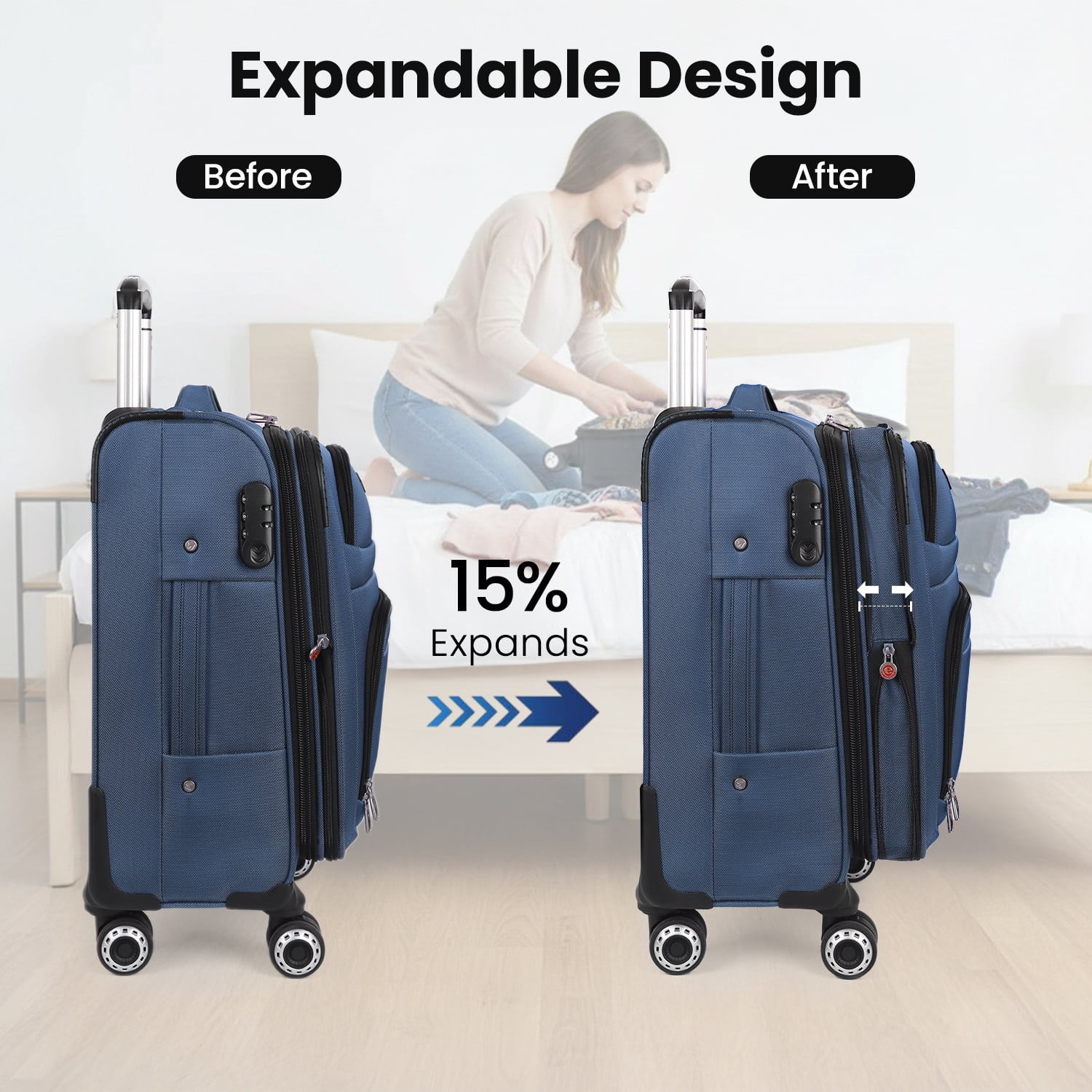 3-Piece Softside Luggage Set Lightweight Soft Shell Expandable Suitcase with Spinner Wheels & TSA Lock,20"/26"/30",Blue - WD1622