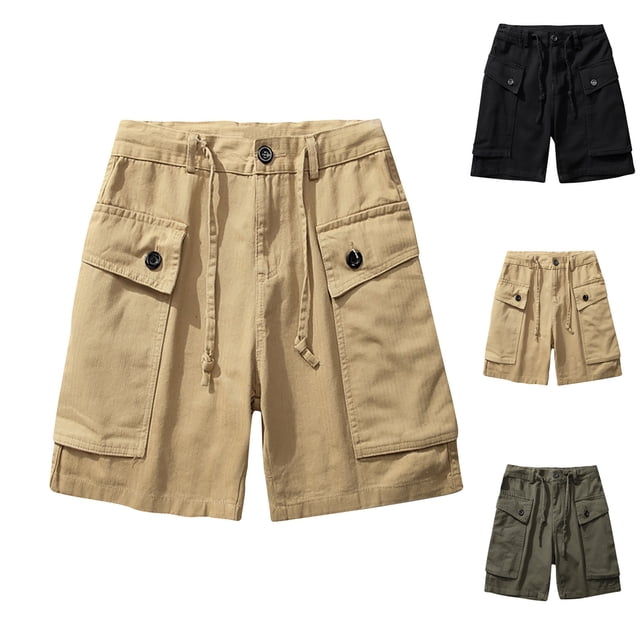 BADHUB Big Pocket Cargo Shorts for Men Big and Tall Drawstring Button Zipper Work Shorts Ripstop Outdoor Hiking Shorts Deals Army Green L