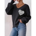 thumbnail image 6 of Sweaters for Female Lantern Sleeve Heart Print Pullover Embroidered Lace Patchwork Knit Pullover Black XL, 6 of 8