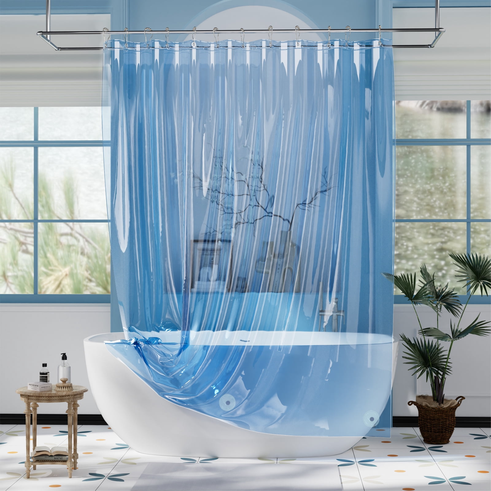 Bathway Shower Curtain Liner, 72"W x 84"L Extra Long Waterproof PEVA Plastic Shower Curtain Liner for Bathroom with Magnets, Clear Blue