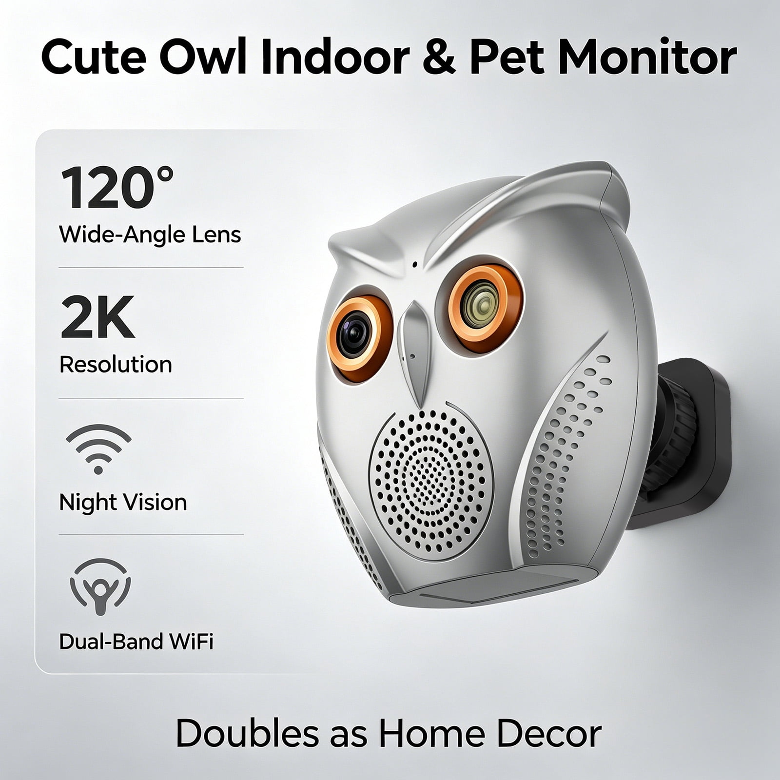 VividEye 2K Owl-Shaped Pet Camera Indoor, Night Vision with 120° Wide Angle, Two-Way Audio Indoor Mini Surveillance Camera with Speaker, Motion Detection Alerts, Dual-Band 5G/2.4G