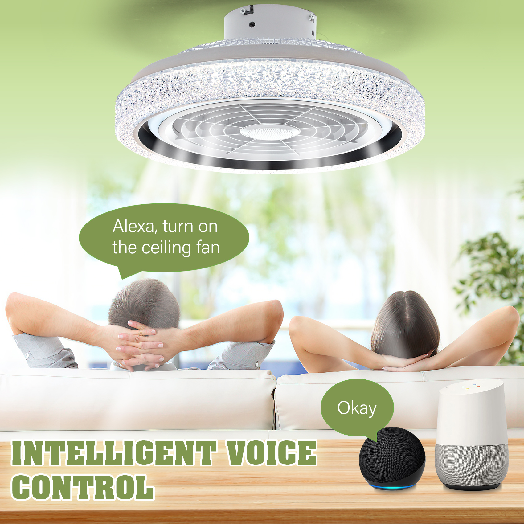 TCFUNDY 20" Smart Ceiling Fan w/ Light, RGB & LED, Smart Control Compatible with Voice Assistant Alexa/Google/Siri, Built-in Bluetooth Speaker, Bladeless Fan w/ 6 Speeds & Reversible, White