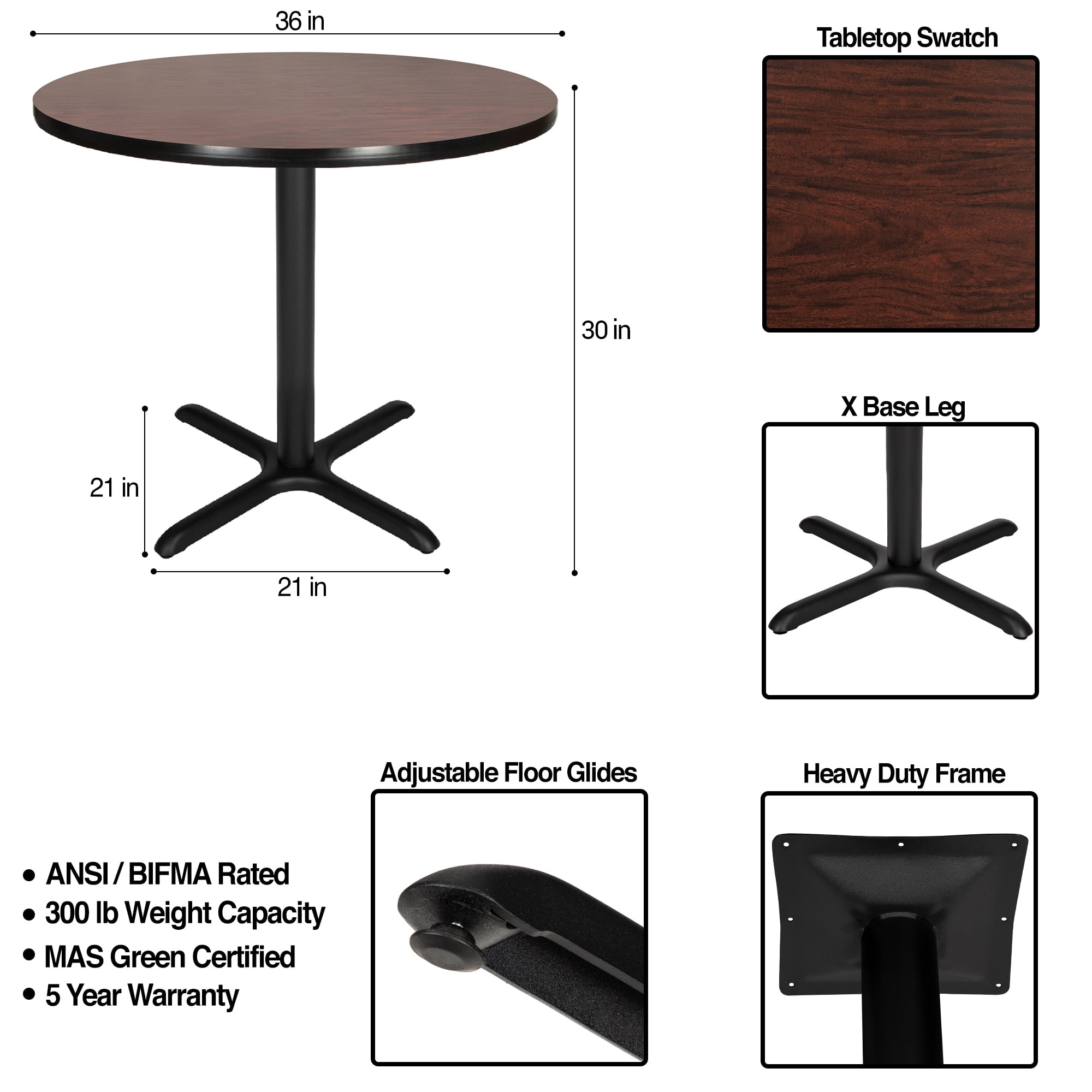 Hampden Furnishings Bennet Collection Steel Frame 36" Round Top, X Base, 30" Height Cafe Table, Black Frame/Mahogany Top