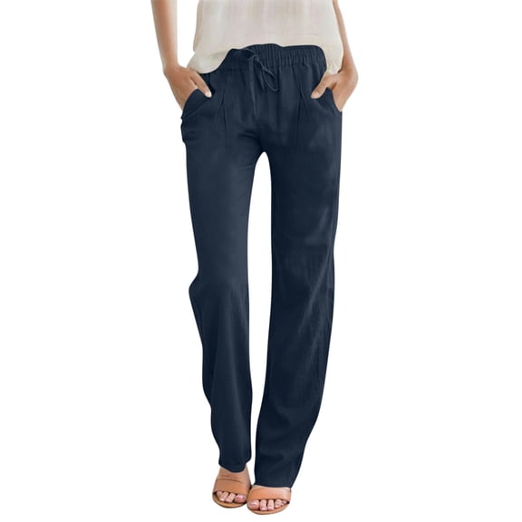 GUACER Womens Casual Trousers Cotton Linen Pleated Elastic Waist Drawstring with Pockets Loose Fit Straight Leg Pants