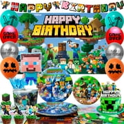Minecraft Birthday Party Decoration Supplies, 113 Pcs Pixel Game Party Supplies, including Pixel Game Cake Toppers, Balloons Banner Plates etc. Pixel Game Party Decorations for Boys