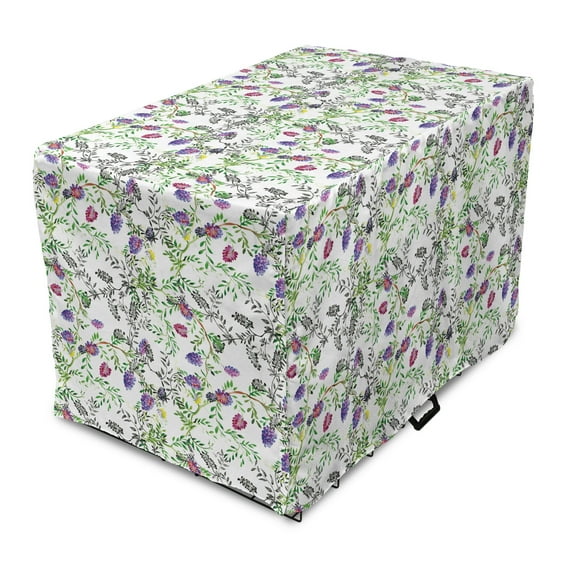 Floral Dog Crate Cover, Wild Lilac Flowers Spring Fresh Watercolor Sketch Look Pattern, Easy to Use Pet Kennel Cover Small Dogs Puppies Kittens, 7 Sizes, Green Pale Fuchsia, by Ambesonne