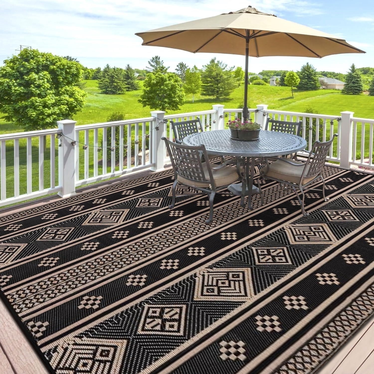 8'x10' Outdoor Rugs, Yamaziot Waterproof Plastic Patio Rug, Reversible Outdoor Mats for RV Camping Picnic Garden Backyard Balcony Porch Beach, Black
