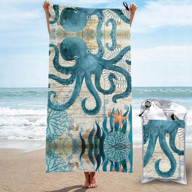 Toalla de playa de secado rápido con diseño de pulpo, toalla de baño portátil, toalla de playa de viaje, toalla de secado rápido para deportes al aire libre, para mujeres, hombres y niños, color blan