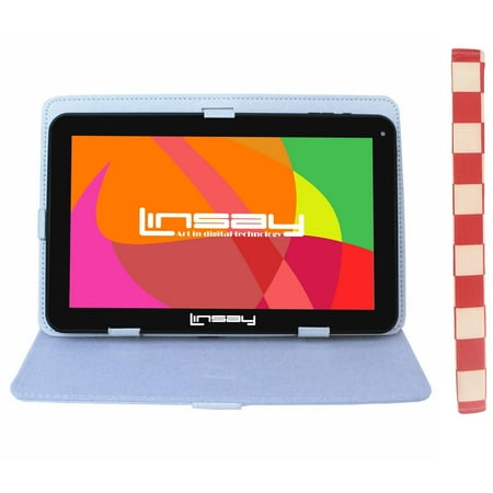 LINSAY 10.1" Quad Core 16 GB Android 6.0 Tablet Bundle with White Red Square Protective Case 1024 x 600 HD