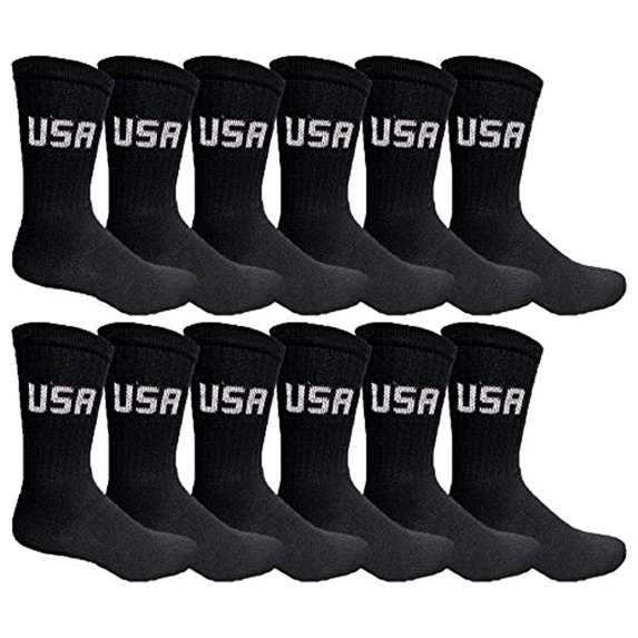 Yacht & Smith 12 Pairs Mens Cotton Crew Socks, Solid, Athletic Sports Socks, Valuepack (Black USA Print)