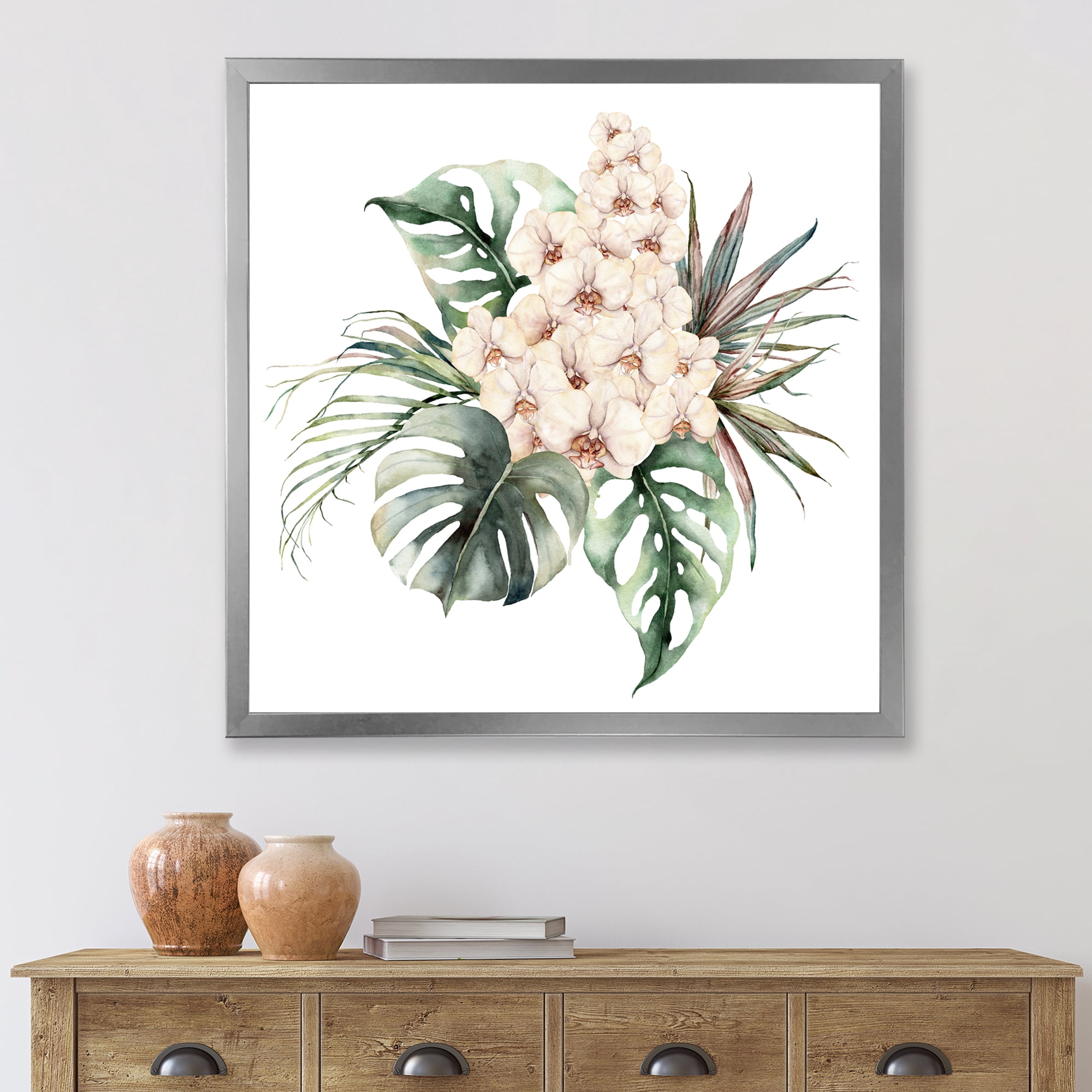 Designart 'Bouquet With Orchids Coconut Leaves and Monstera ' Traditional Framed Art Print