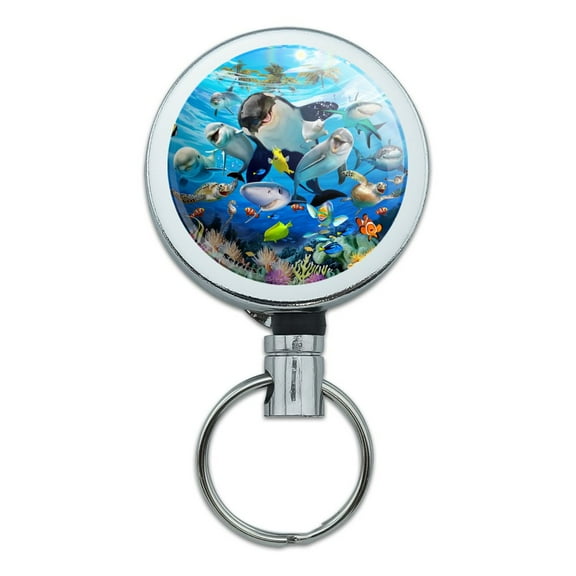 Underwater Ocean Selfie Orca Shark Dolphin Sea Turtle Coral Heavy Duty Metal Retractable Reel ID Badge Key Card Tag Holder with Belt Clip