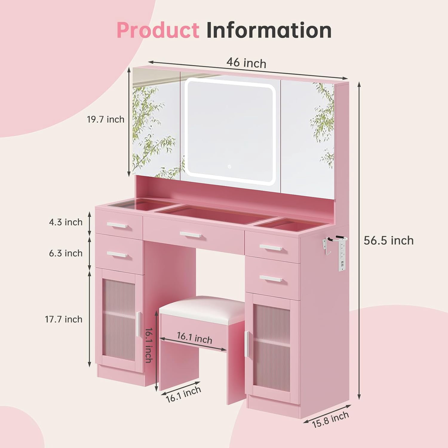 Makeup Vanity Desk with Lights and Mirror, Glass Top Vanity Set with Power Outlet, 3 Lighting Modes, Adjustable Brightness, Dressing Table for Bedroom, Pink
