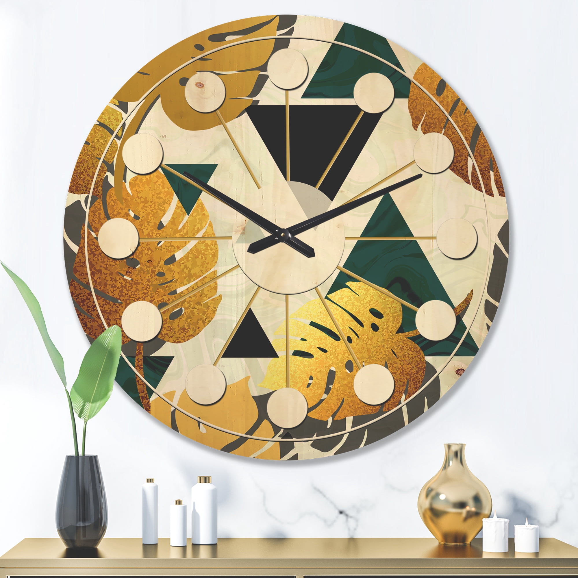 Designart 'Retro Golden Foliage V' Mid-Century Modern Wood Wall Clock