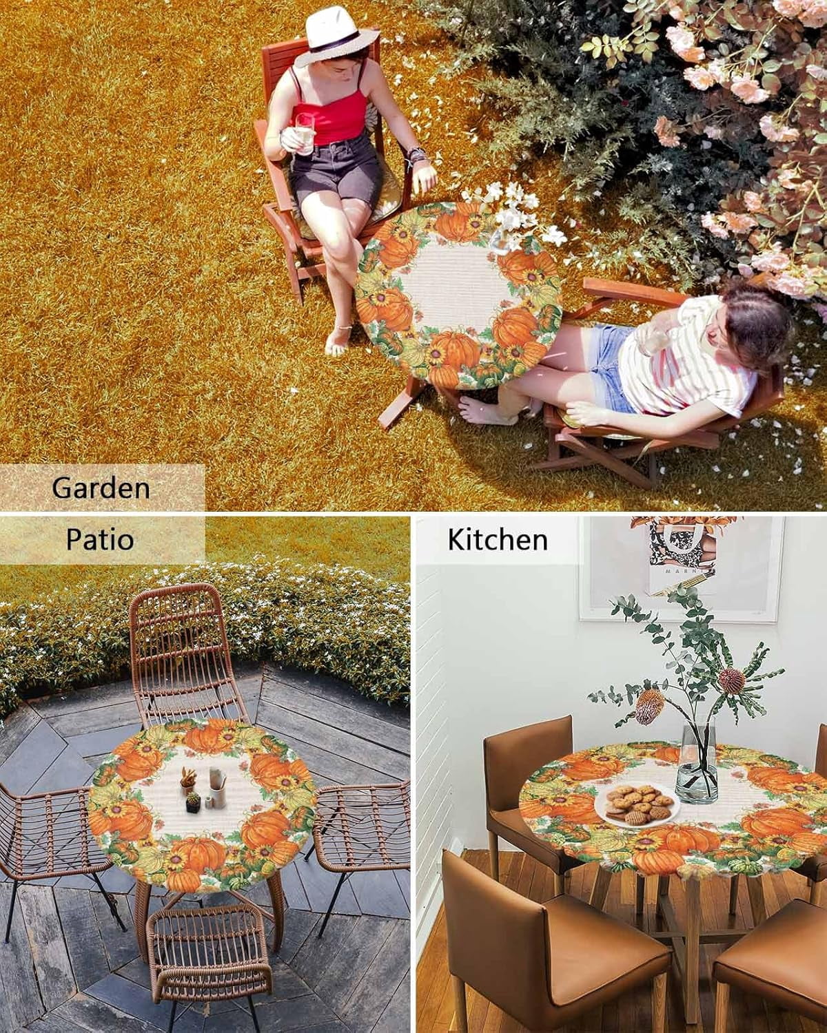 Round Fitted Tablecloth Elastic Edged Table Cover,Thanksgiving Fall Seamless Pumpkin Waterproof Wipeable Table Cloths for Kitchen Dining Party Fit up 36-44in Tables,Watercolor Maple Leaves on Burlap
