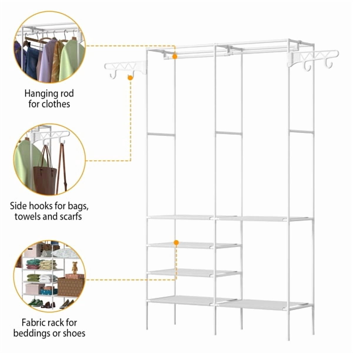 White Heavy Duty 66" Garment Rack Clothes Organizer - 2 Hanging Rods, 4 Shelves, 360° Hooks, Tool-Free Assembly for Bedroom & Laundry Room Storage