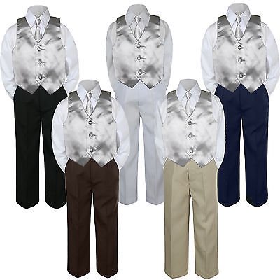

4pc Boy Suit Set Silver Necktie Vest Baby Toddler Kid Formal Pants S-7