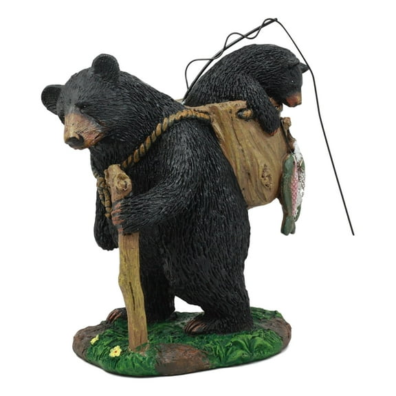 Ebros "Gone Fishing" Mother Black Bear With Cub In Fishing Backpack Statue Wildlife Forest Rustic Cabin Decor Bear Figurine