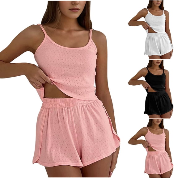 Bovxnpu Summer Casual Outfits For Women, 2 Piece Lounge Sets, Women's Fashionable Solid Color Round Neck Loose Sleeveless Camisole Top Casual Shorts Set M