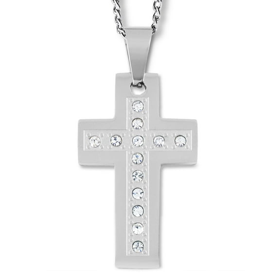 West Coast Jewelry Men's Polished Cubic Zirconia Cross Steel Necklace