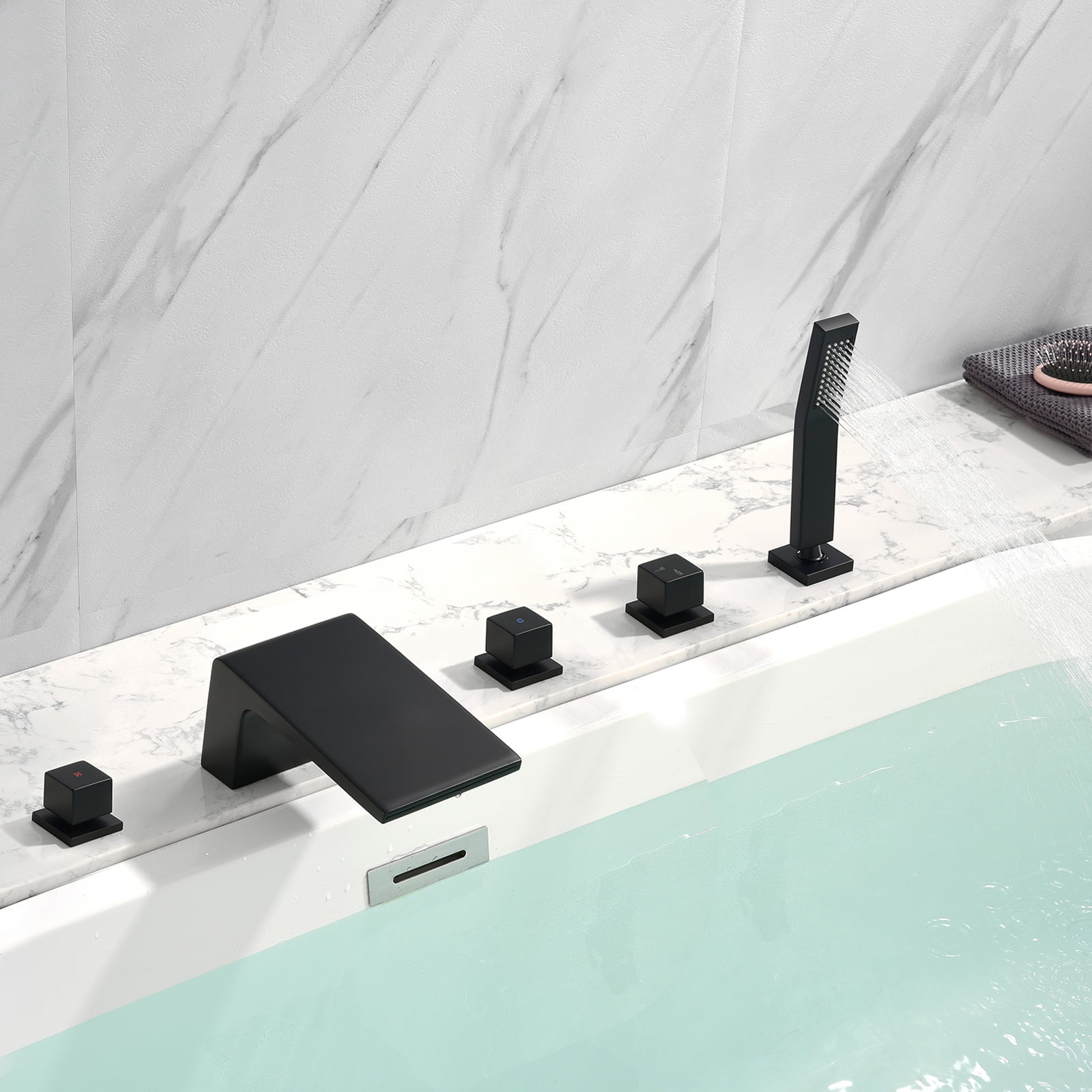 Cobbe Bathtub Faucet Set with Hot/Cold Water Switch, Diverter Knob, Handheld Shower and 4.72-Inch Wide Waterfall Spout 5-Hole Mount Matte Black