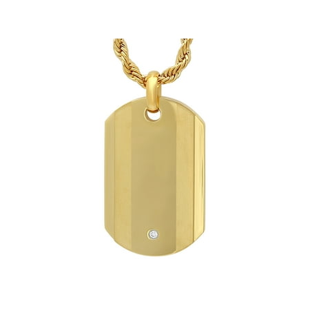 Men's Gold Tone Cubic Zirconia Dog Tag with 24 Rope Chain - Men Pendant