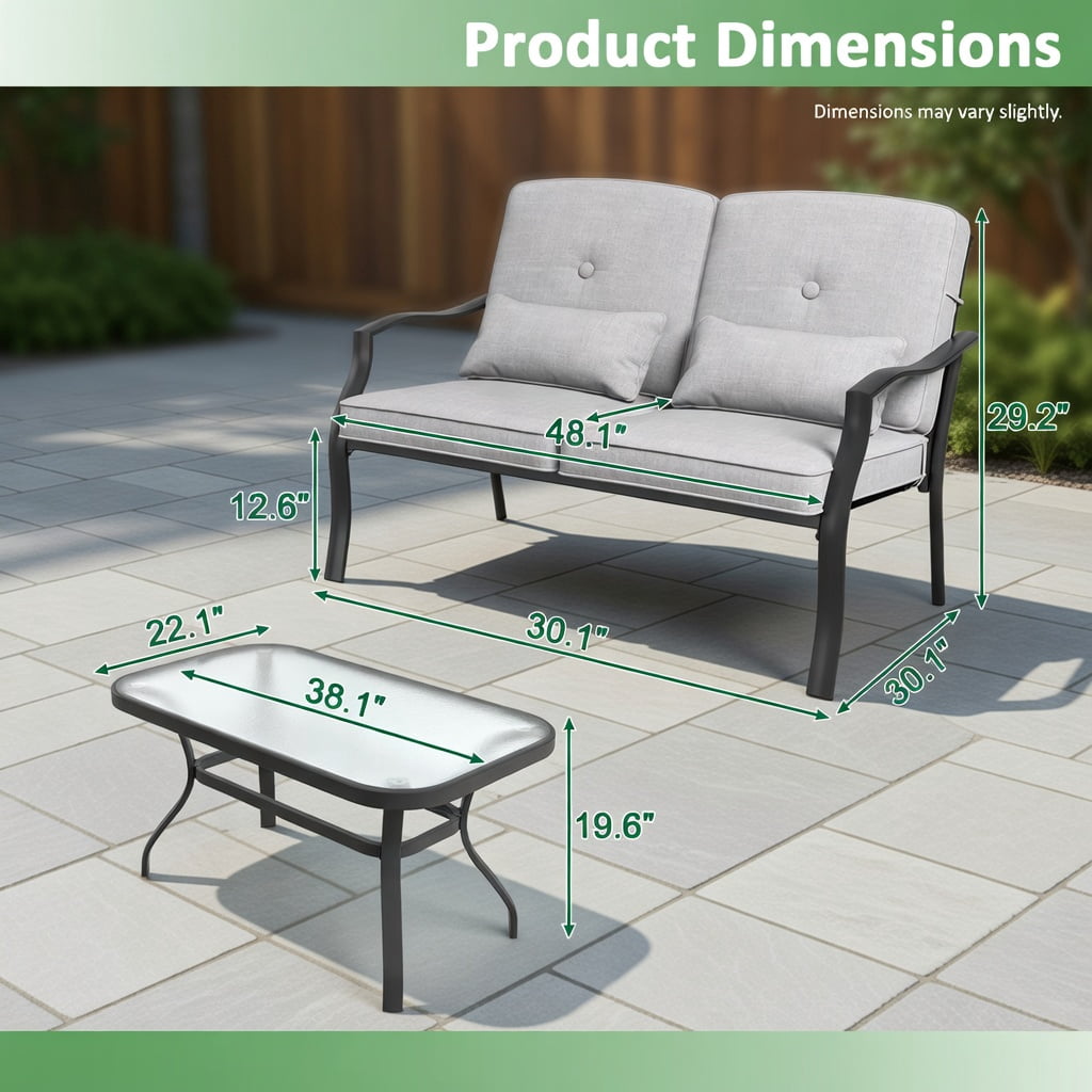 Hommoo Outdoor Loveseat Set with Tempered Glass Coffee Table, Metal Frame, Cushions, Heavy-Duty Patio Seating for Backyard, Poolside & Balcony, Gray