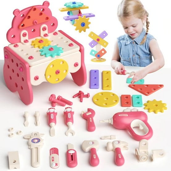 Orangide Kids Tool Set with Drill Hippopotamus Toy 62 PCS Simulation Pretend Play Construction Tool Kit for Children Educational Gift Ages 3 