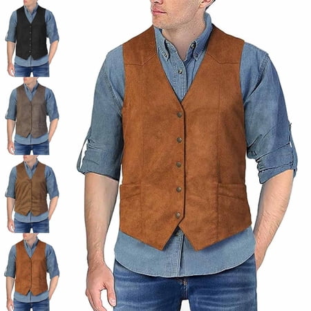 Suede Vest for Men V Neck Western Vest with Snap Button Sleeveless Waistcoat for Casual Layering and Vintage Styling Brown 2XL