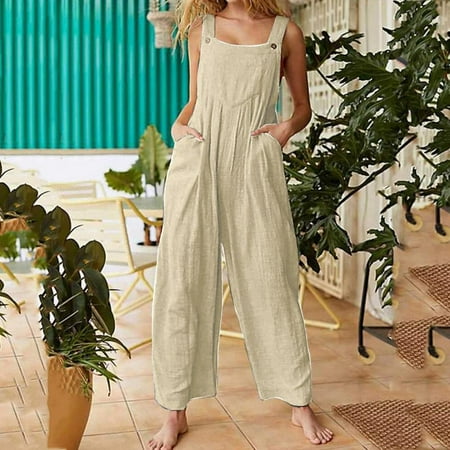 

Homadles Jumpsuits for Women Casual- Loose Fit Overalls Solid Cotton linen Sleeveless Fashion Rompers for Women Summer Khaki L