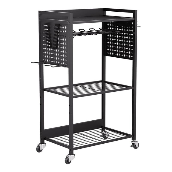 Tool Organizer Cart 4-Tier, 150lbs Capacity Rolling Tool Storage Rack, Heavy Duty Garage Workshop Cart with Drill Holder & Pegboard, Black