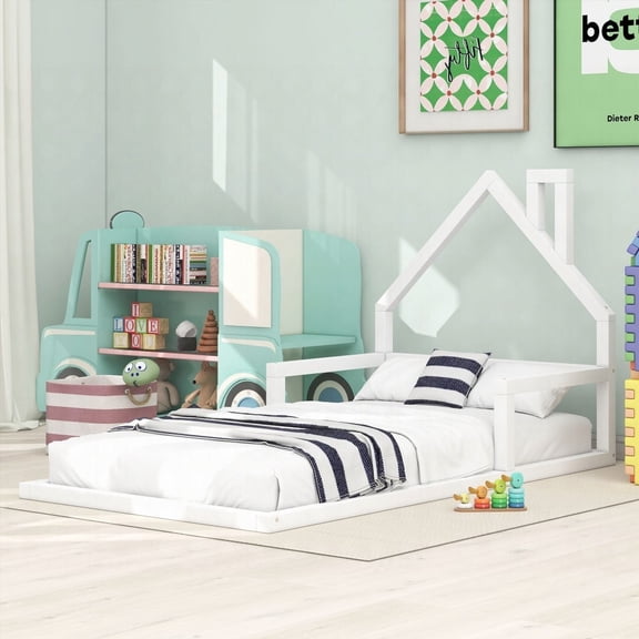 Twin Size Wood Floor Bed Frame with White House-shaped Headboard, No Box Spring for Bedroom