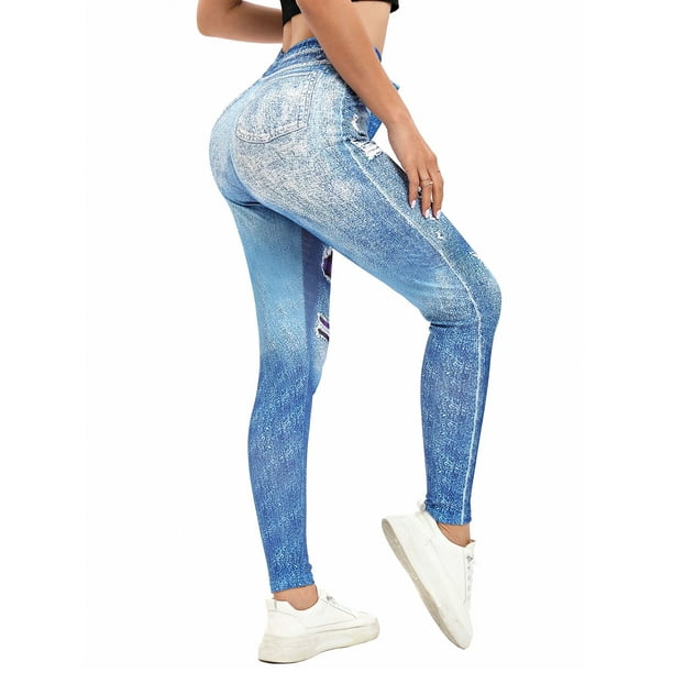 Avamo Ladies Faux Denim Pant High Waist Plus Size Leggings Tummy Control  Fake Jeans Stretch Jeggings Sport Trousers Blue XL 