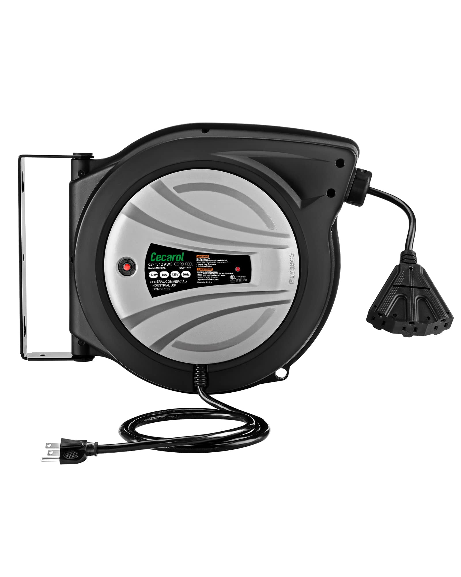 Extension Cord Reel 12AWG/3C SJTOW 65FT Retractable Cord with Triple