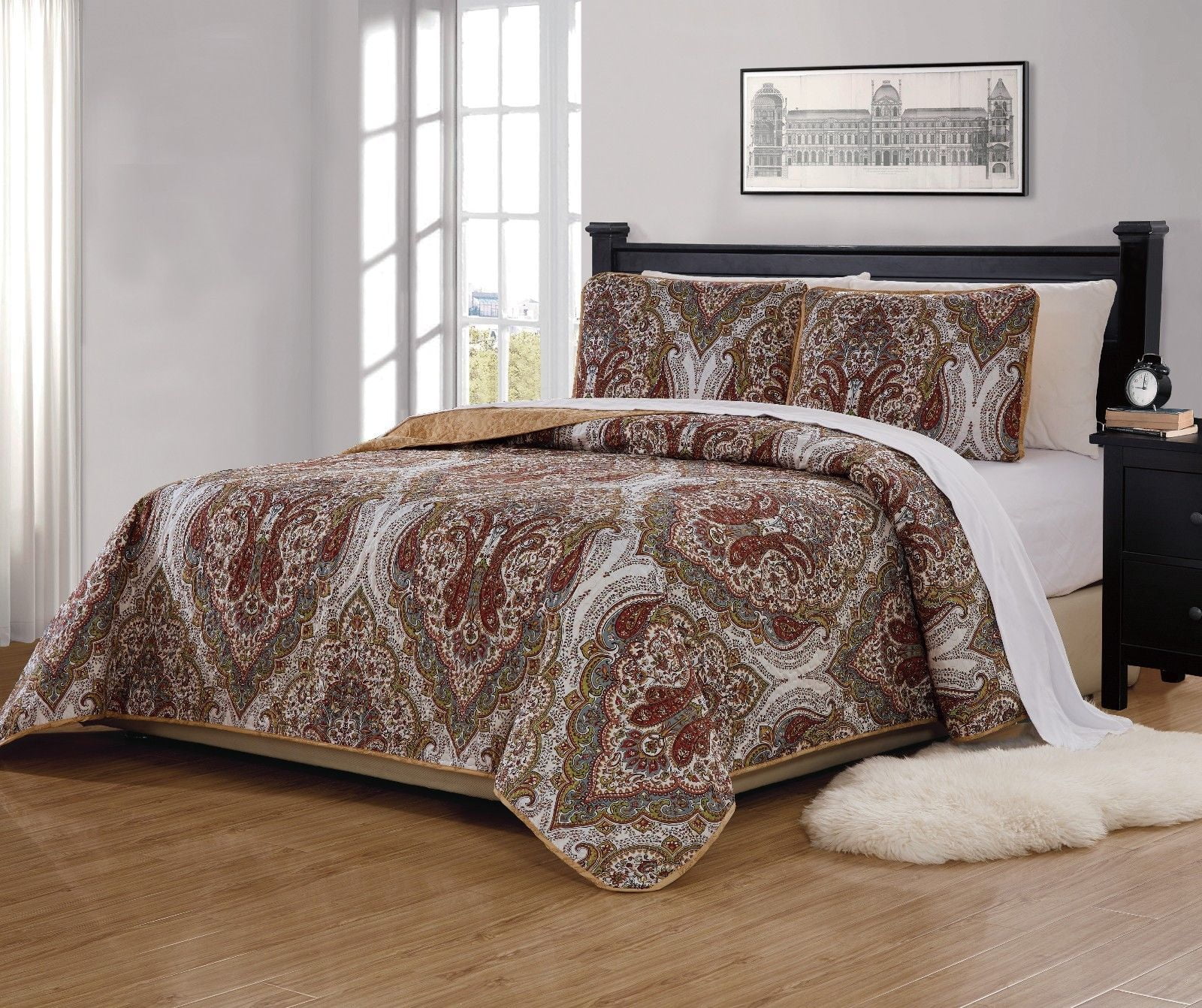 Fancy Linen 2pc Twin/Twin Extra Long Bedspread Quilted Print Floral White Brown Green Taupe