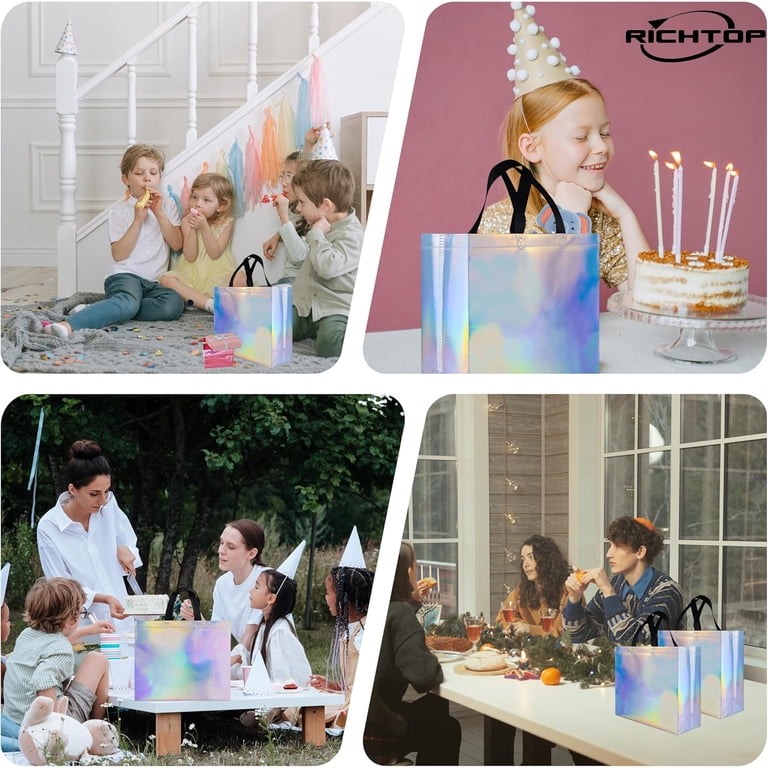 Glossy Iridescent Gift Bags - 15 Pack, Medium Size 8x4x10 Inches, Reusable With Handles For Parties