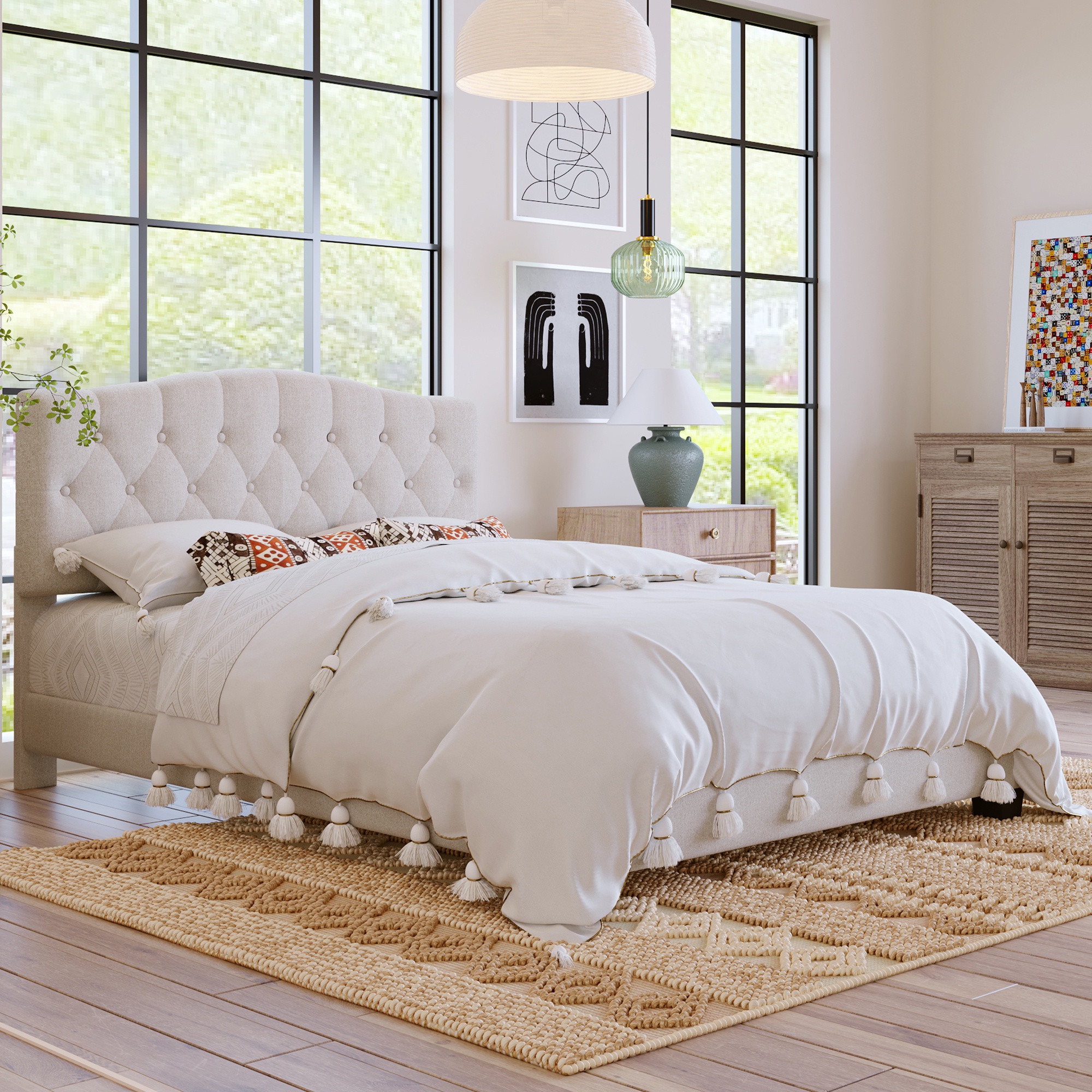 PORKISS Queen Size Linen Bed Frame with Upholstered Button Tufted Adjustable Headboard, Platform Bed with Wooden Slats Support, Holds 800lbs, Beige