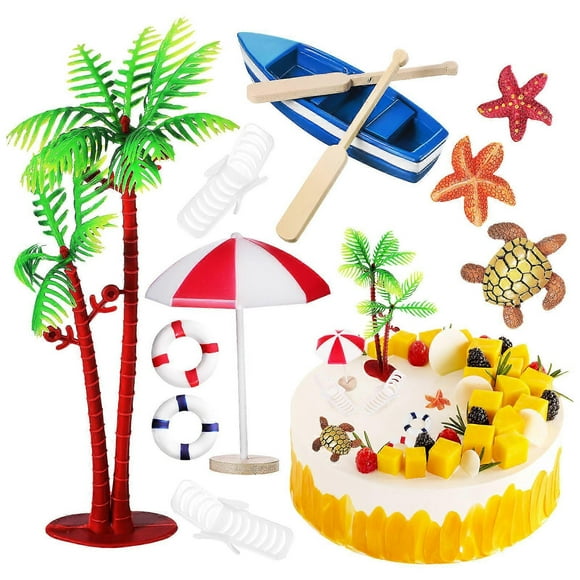 Hawaiian Cake Decorations Beach Themed Palm Tree Boat Parasol Chair Micro Landscape Decor Assorted Color 15.00X4.00X2.00CM Cake Decoration 10Pcs
