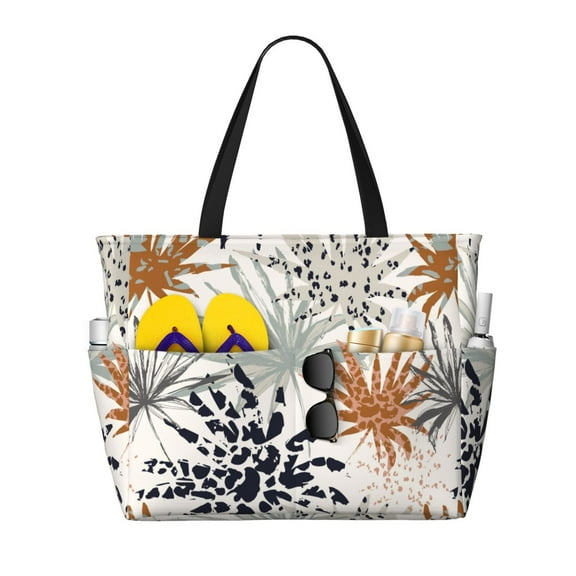 Pofeuu Tropical Leaves Print Beach Bag,Waterproof Sandproof Beach Tote Bag, Large Capacity Foldable Beach Bags for Women