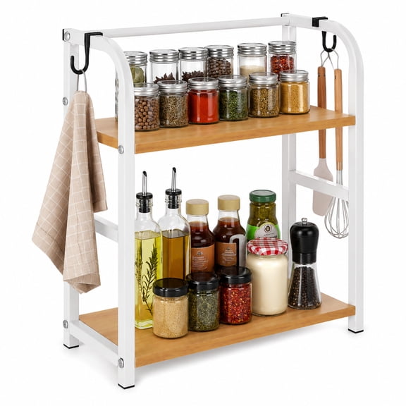 2-Tier Spice Rack Organizer, Kitchen Countertop Storage with Hooks, Wooden & Metal Countertop Storage Shelf, Space-Saving Holder for Bottles, Jars, Condiments, Utensils