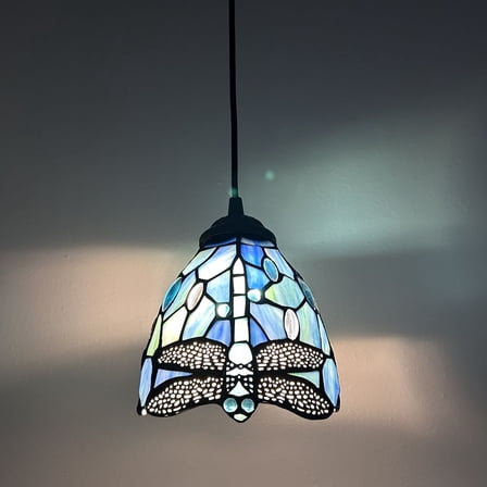 Tiffany Style Mini Hanging Lamp Blue Stained Glass Dragonfly LED Bulb Included 6”W*6”D*50”H