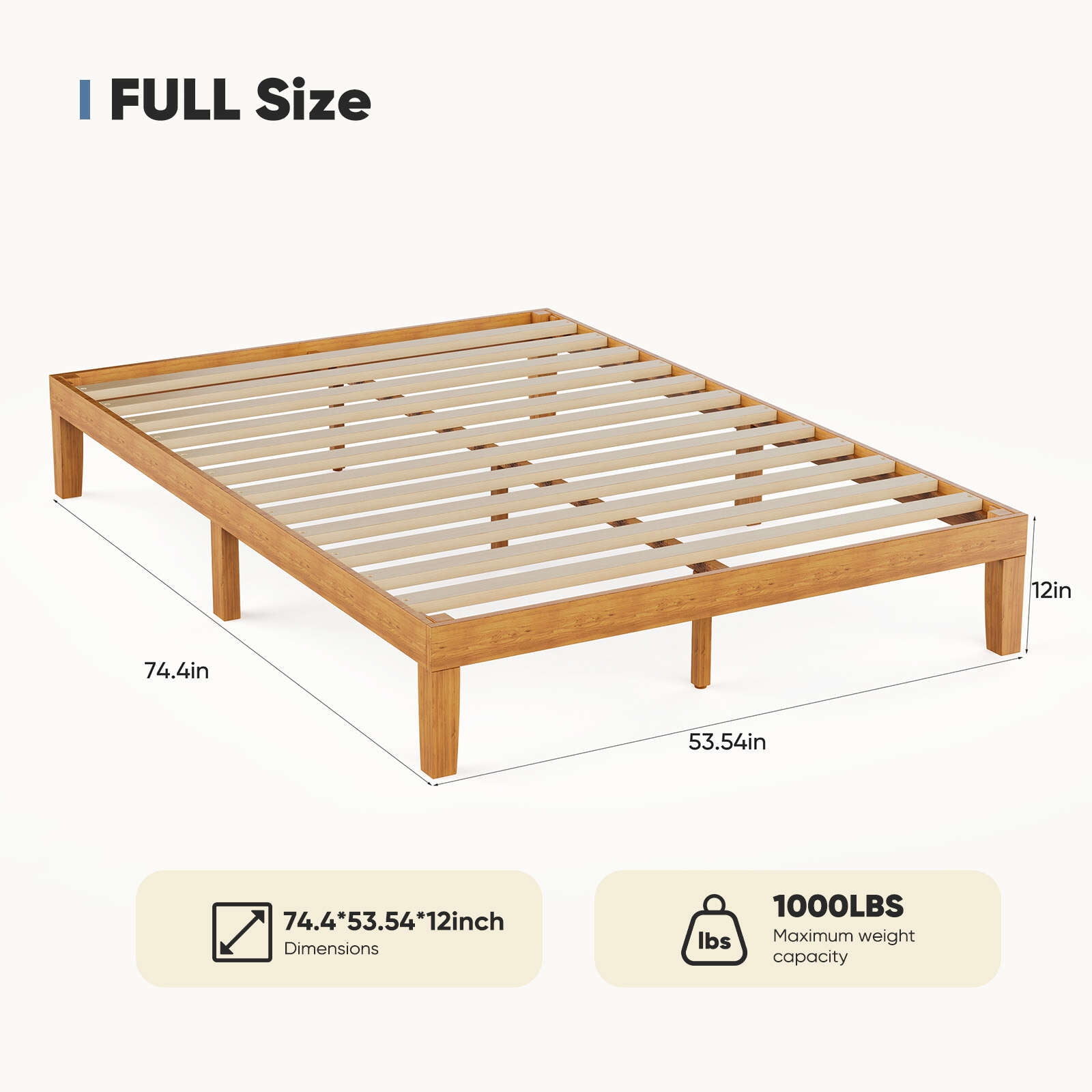 Gianna Solid Wood Bed Frame, Bed Base with Wood Slat Support, No Box Spring Needed，Full Size