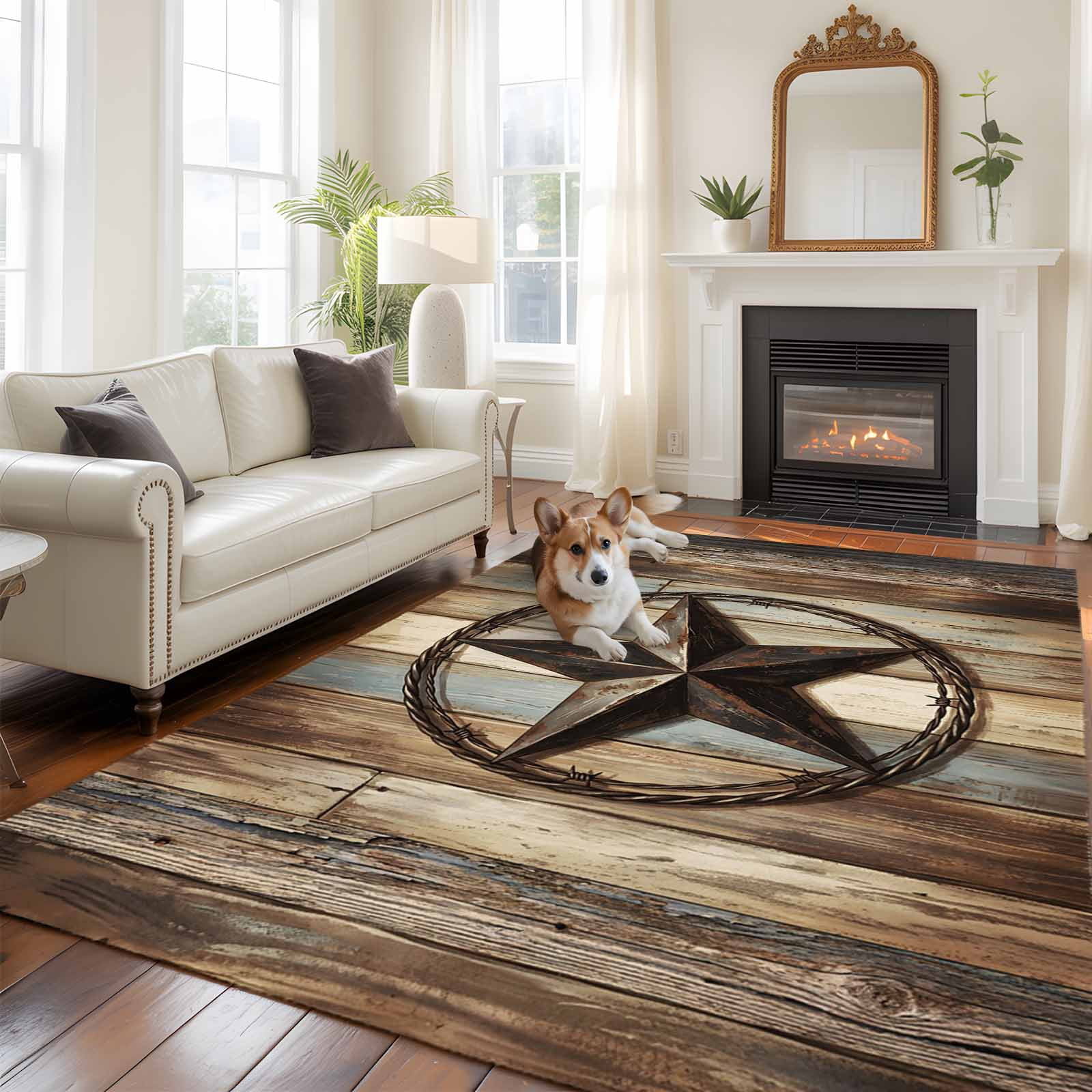 Rectangle Area Rugs 8 x 10 Ft, Western Texas Star Retro Non-Slip Residential Carpet, Rustic Farmhouse Wooden Brown Indoor Crawling Mats Runner Rugs for Living Room/Dining Room/Bedroom