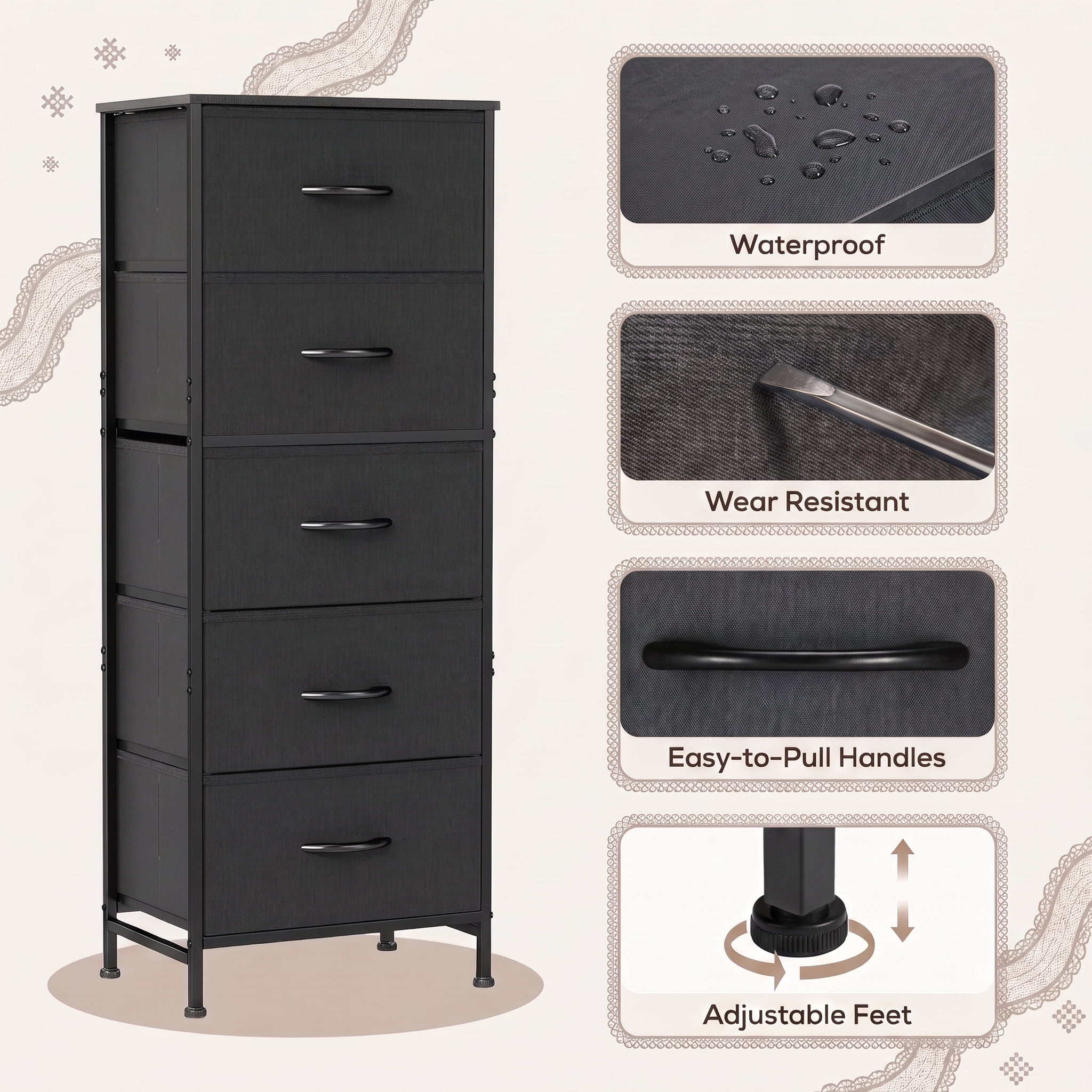 TrumanPick Fabric Storage Drawer Bedroom Dresser, Tall Dresser for Closet, 5 Fabric Dresser with 5 Storage Drawers for Clothes, Living Room, Hallway, Entryway, Black